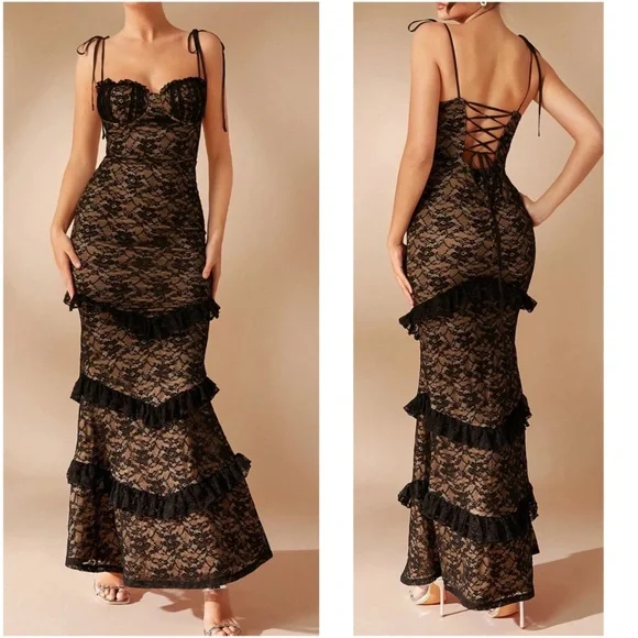 Floral lace Body con fitted Lace up back Ruffle detail High Waisted Slight str - Picture 1 of 4